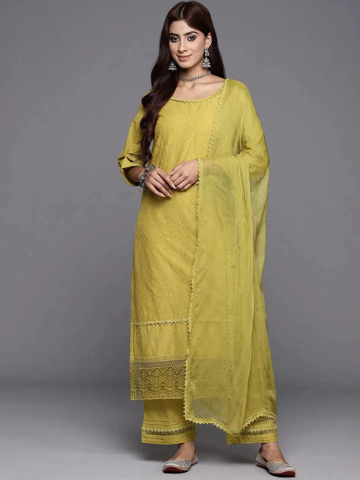 Green Embroidered Cotton Straight Kurta With Trousers & Dupatta - Libas