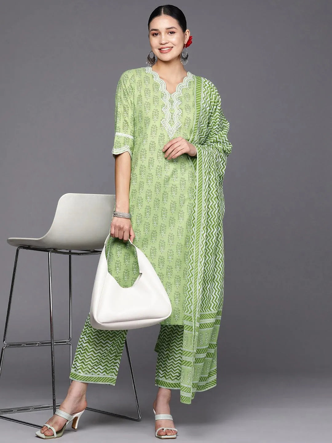 Green Embroidered Cotton Straight Suit Set With Trousers - Libas 