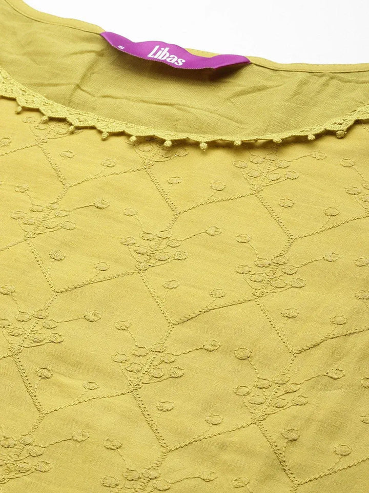 Green Embroidered Cotton Straight Kurta With Trousers & Dupatta - Libas