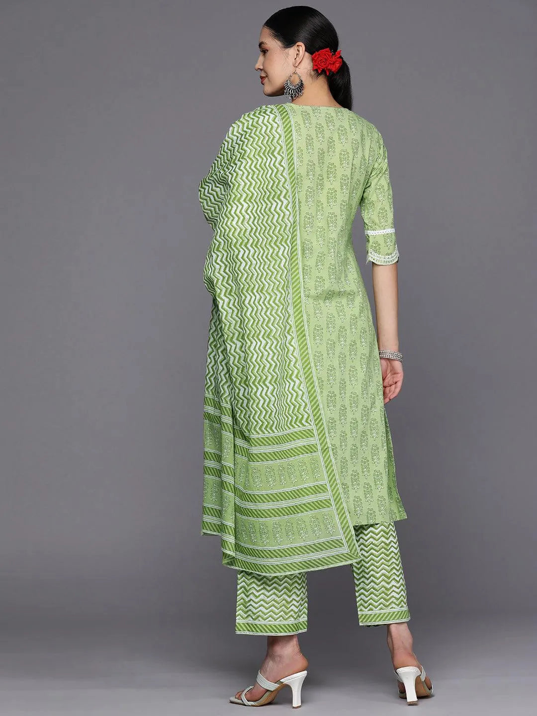 Green Embroidered Cotton Straight Suit Set With Trousers - Libas 