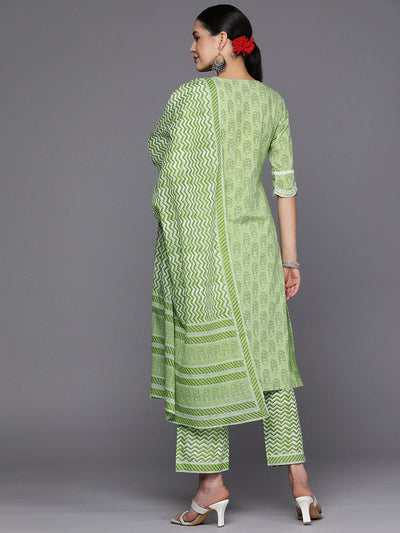 Green Embroidered Cotton Straight Suit Set With Trousers - Libas