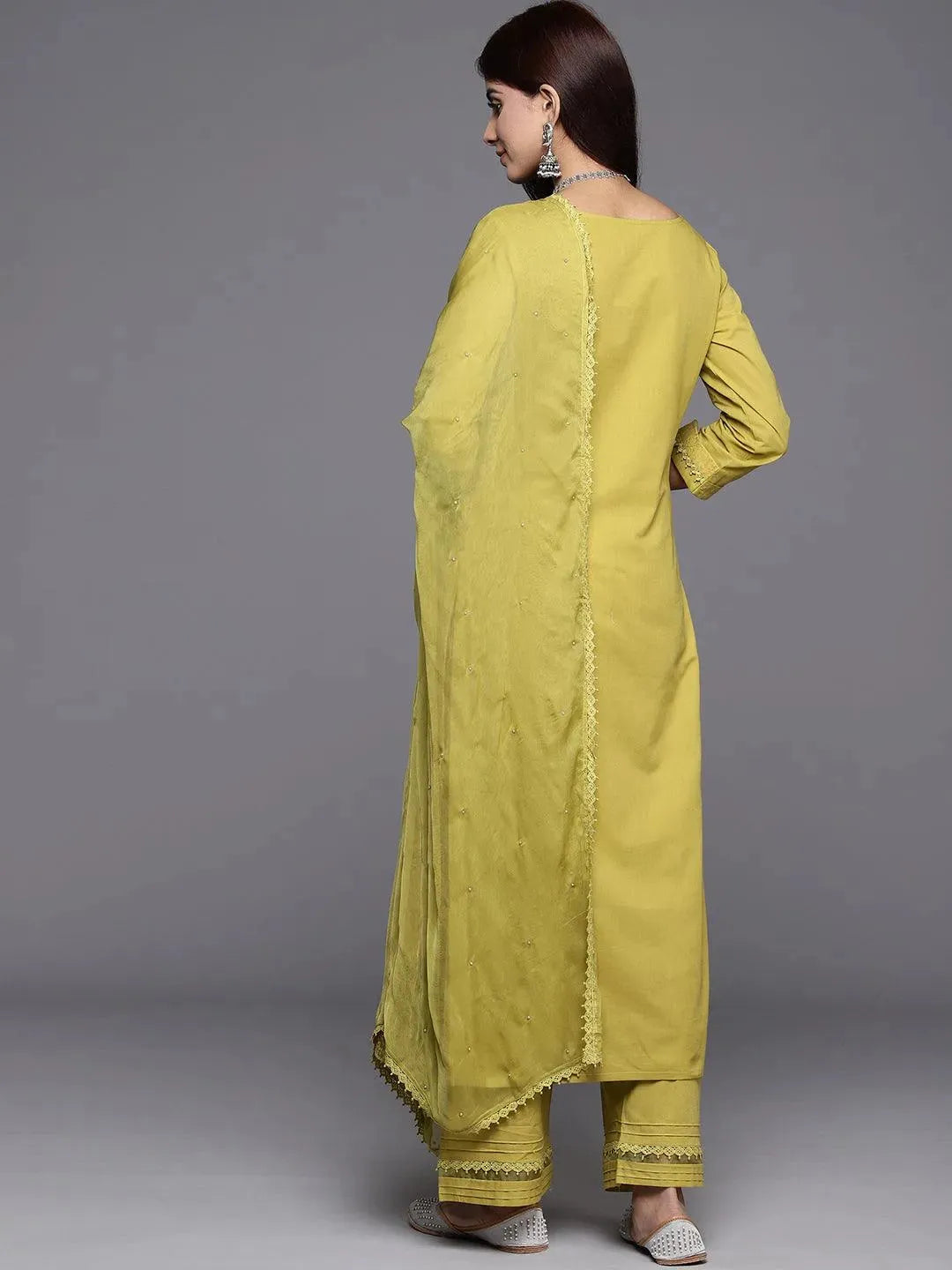 Green Embroidered Cotton Straight Kurta With Trousers & Dupatta - Libas 