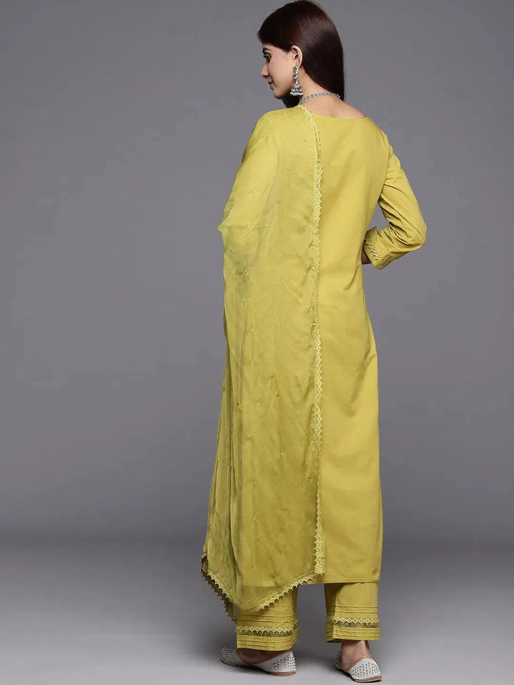 Green Embroidered Cotton Straight Kurta With Trousers & Dupatta - Libas