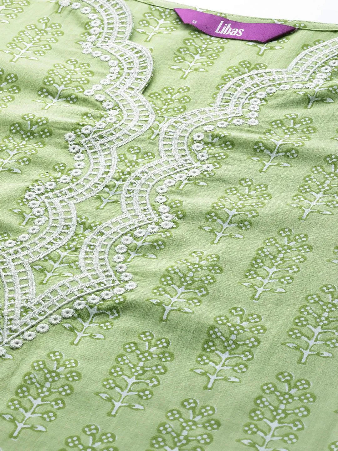 Green Embroidered Cotton Straight Suit Set With Trousers - Libas 