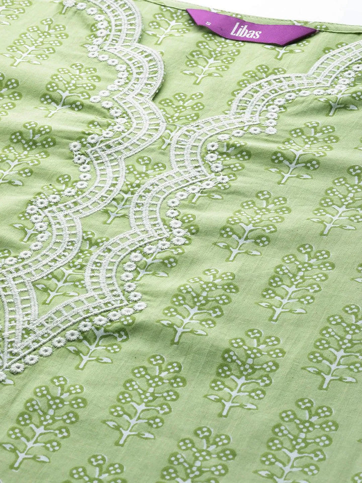Green Embroidered Cotton Straight Suit Set With Trousers - Libas