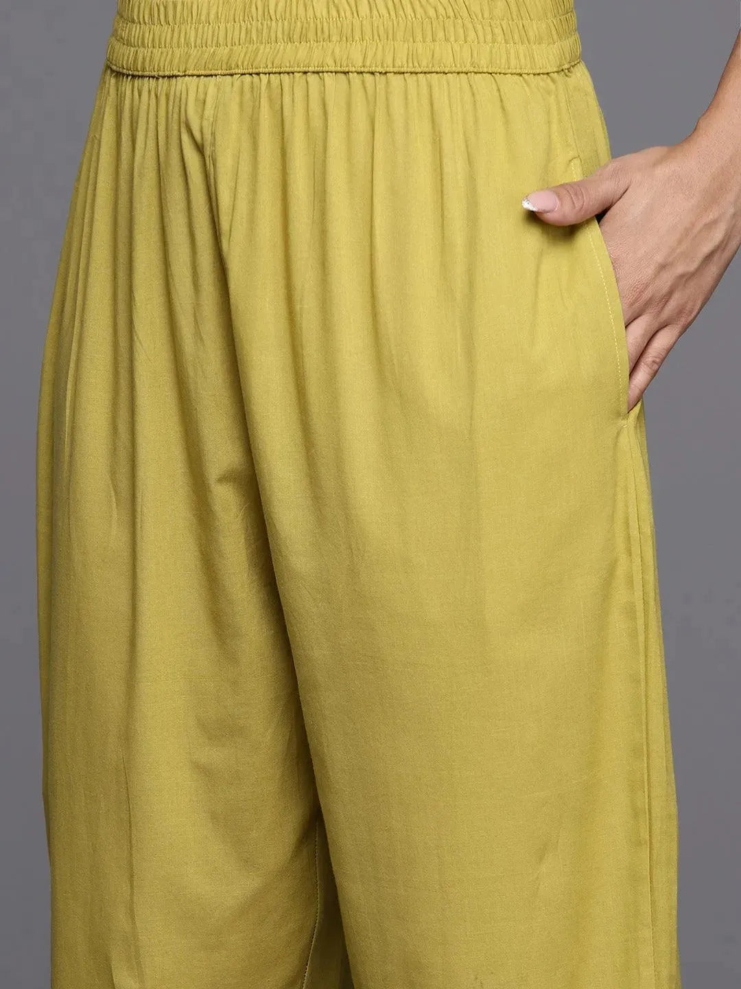 Green Embroidered Cotton Straight Kurta With Trousers & Dupatta - Libas 