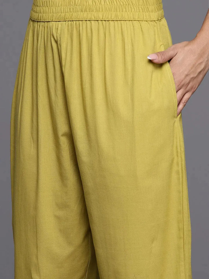 Green Embroidered Cotton Straight Kurta With Trousers & Dupatta - Libas