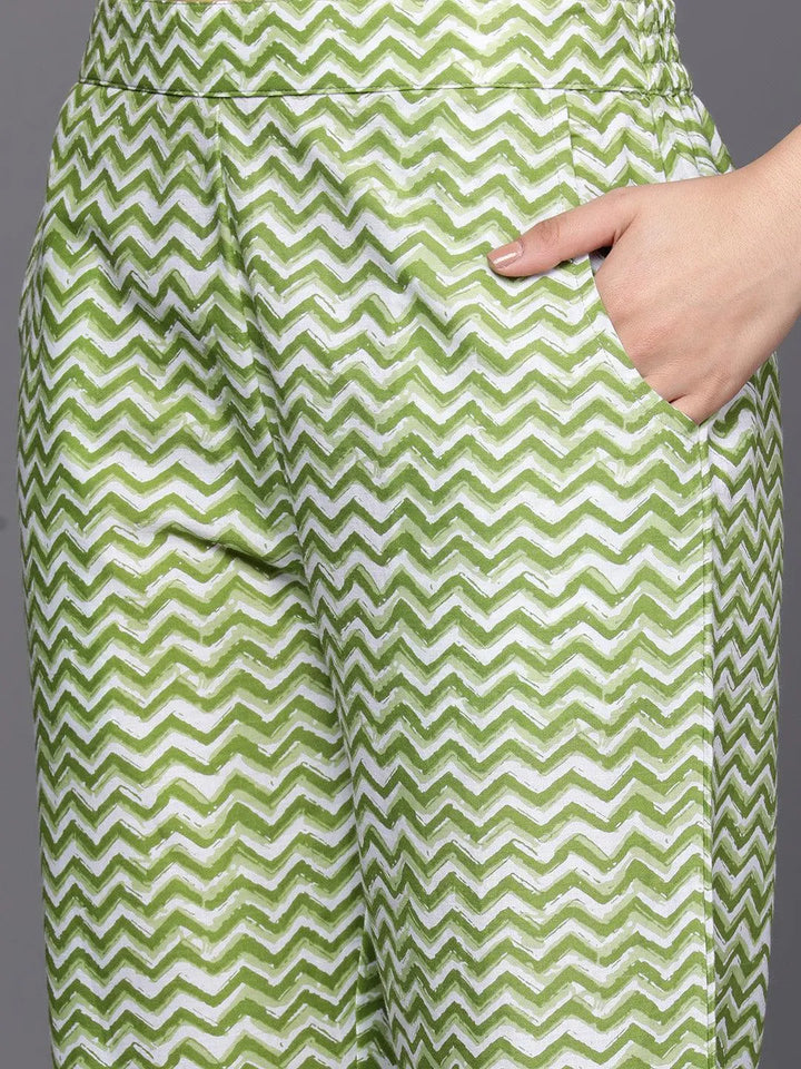 Green Embroidered Cotton Straight Suit Set With Trousers - Libas