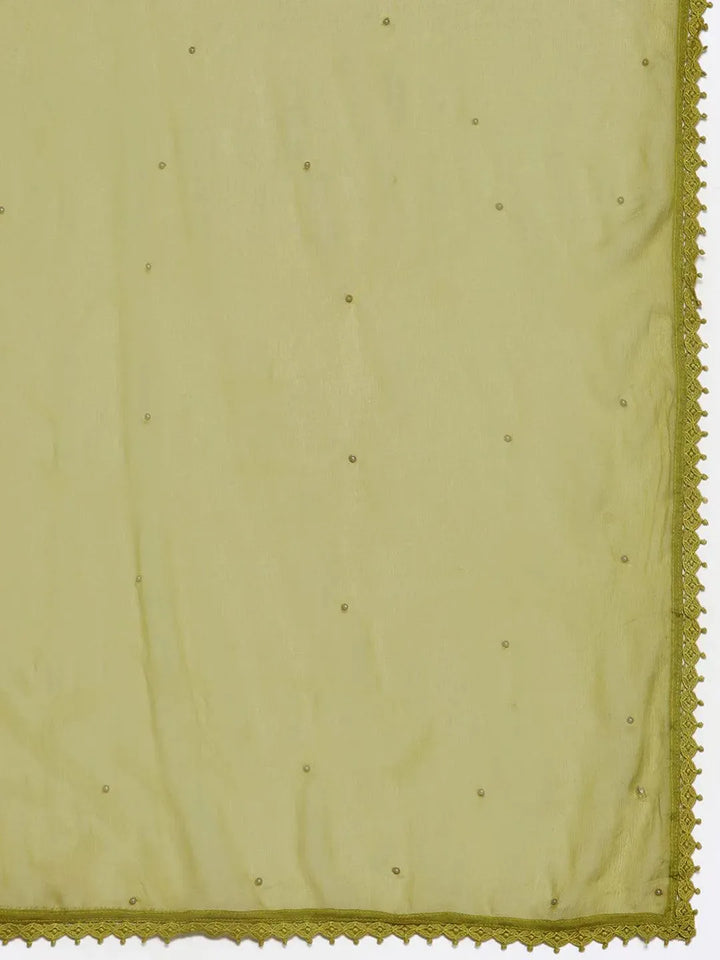Green Embroidered Cotton Straight Kurta With Trousers & Dupatta - Libas