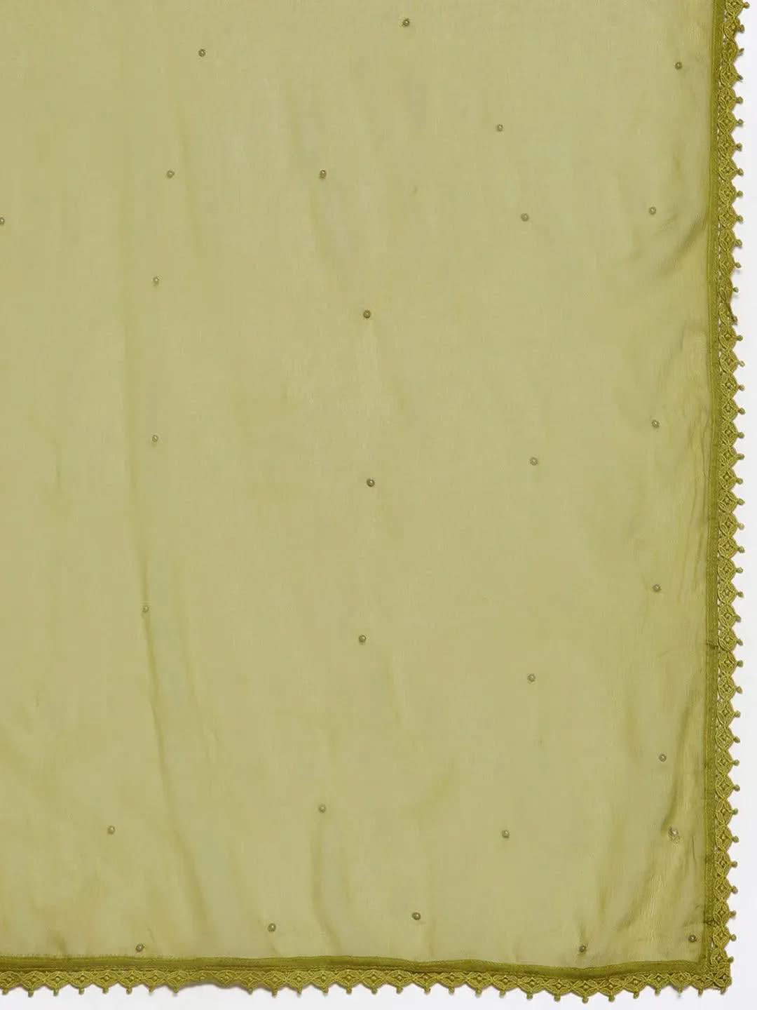 

Green Embroidered Cotton Straight Kurta With Trousers & Dupatta