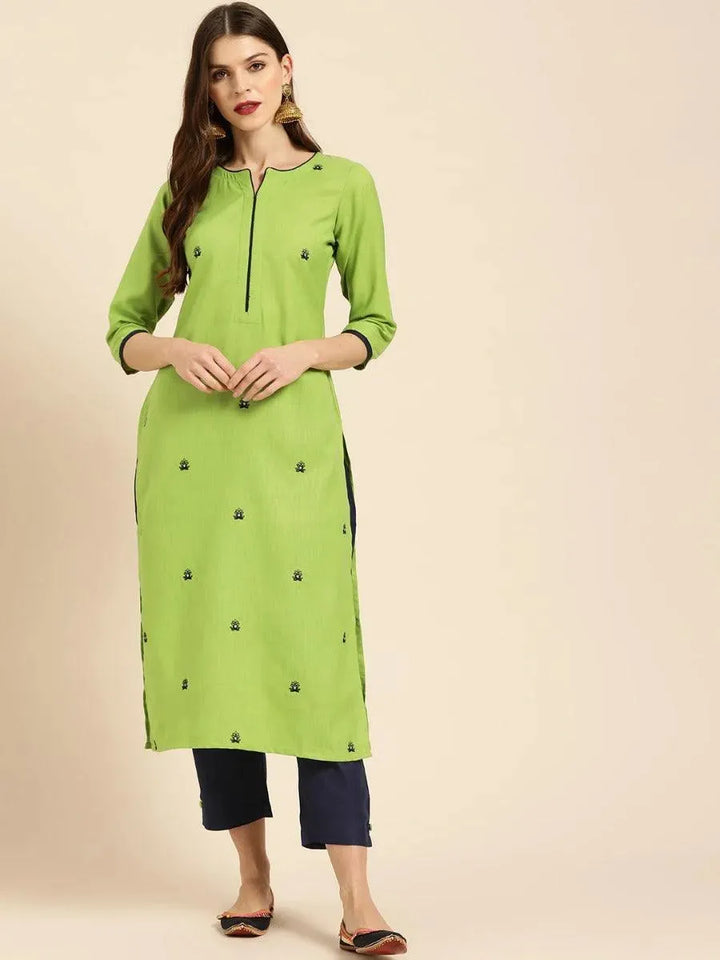 Green Embroidered Cotton Kurta Set - Libas