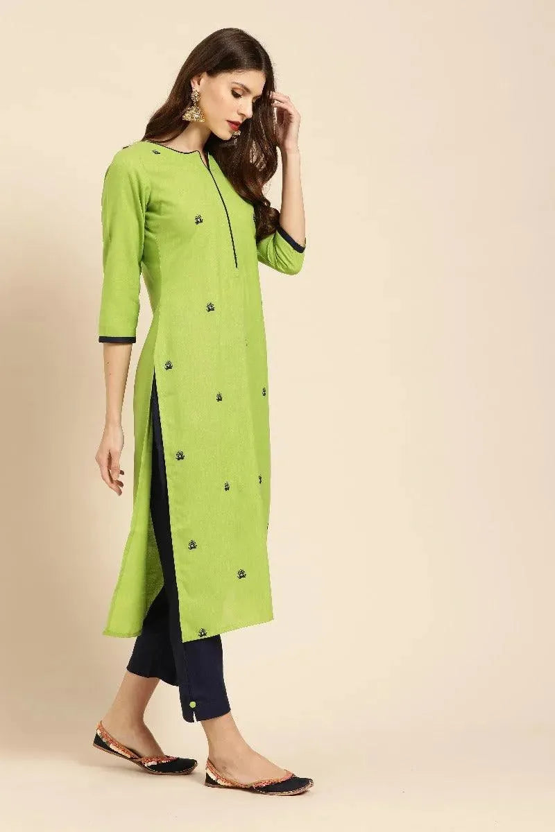 Green Embroidered Cotton Kurta Set - Libas 