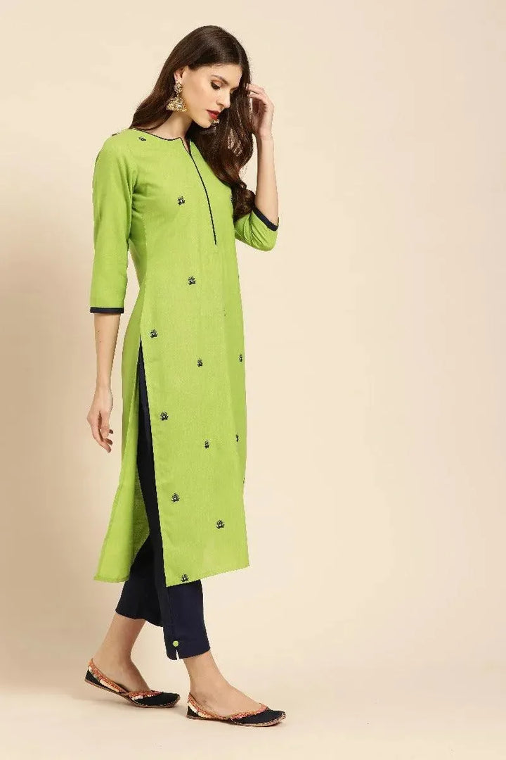 Green Embroidered Cotton Kurta Set - Libas