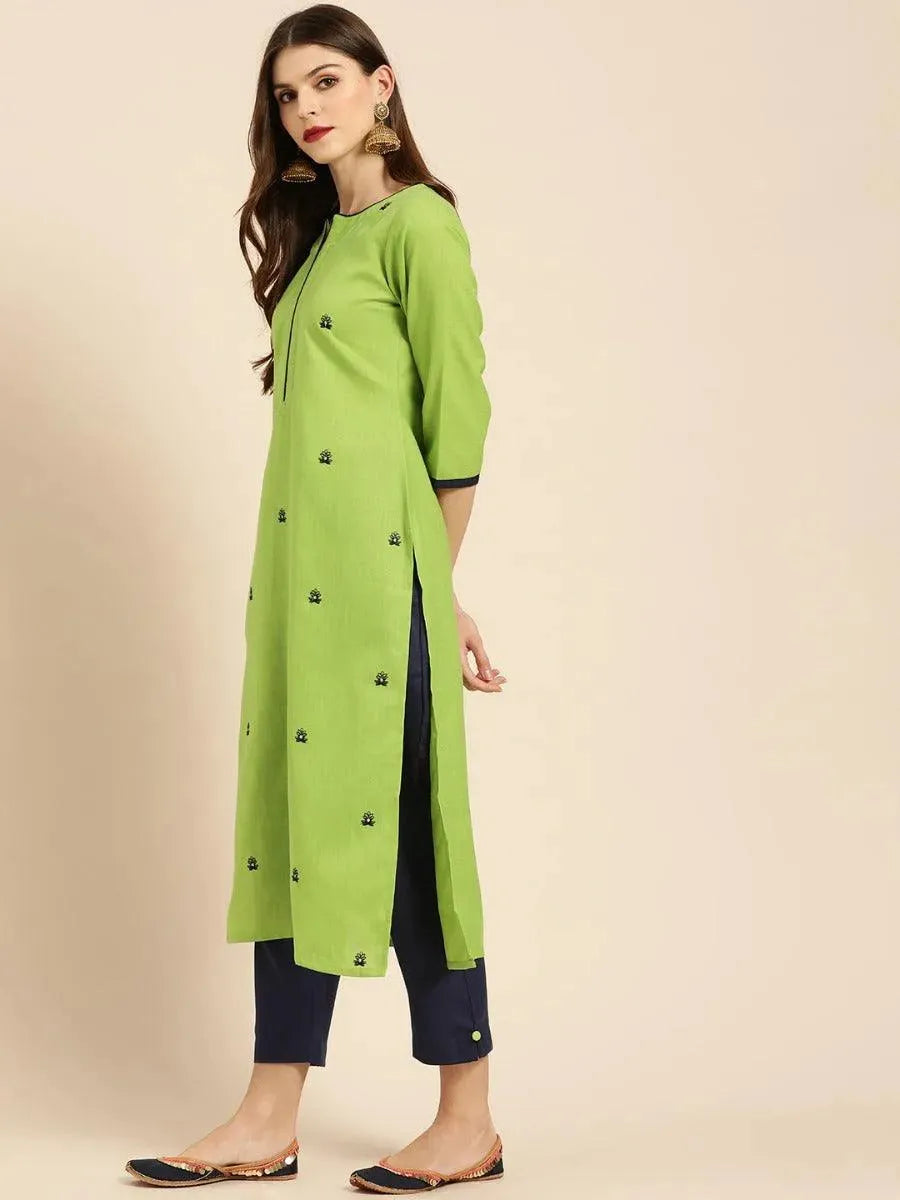 Green Embroidered Cotton Kurta Set - Libas 