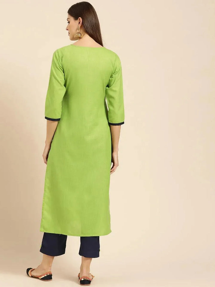 Green Embroidered Cotton Kurta Set - Libas