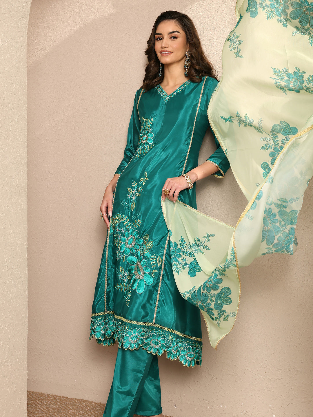 Green Embroidered Crepe A-line Suit Set With Dupatta