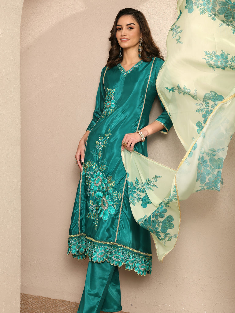 Libas Green Embroidered Crepe A-line Suit Set With Dupatta