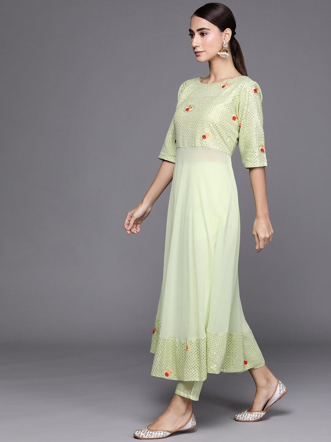 Green Embroidered Georgette A-Line Kurta With Dupatta