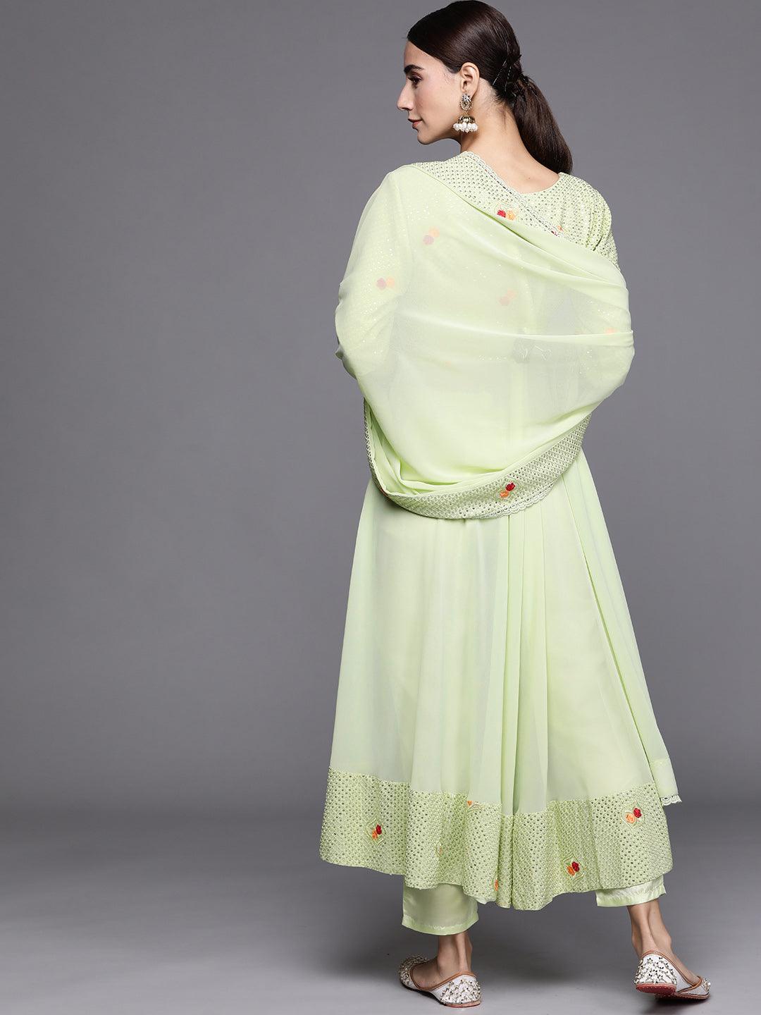 Green Embroidered Georgette A-Line Kurta With Dupatta