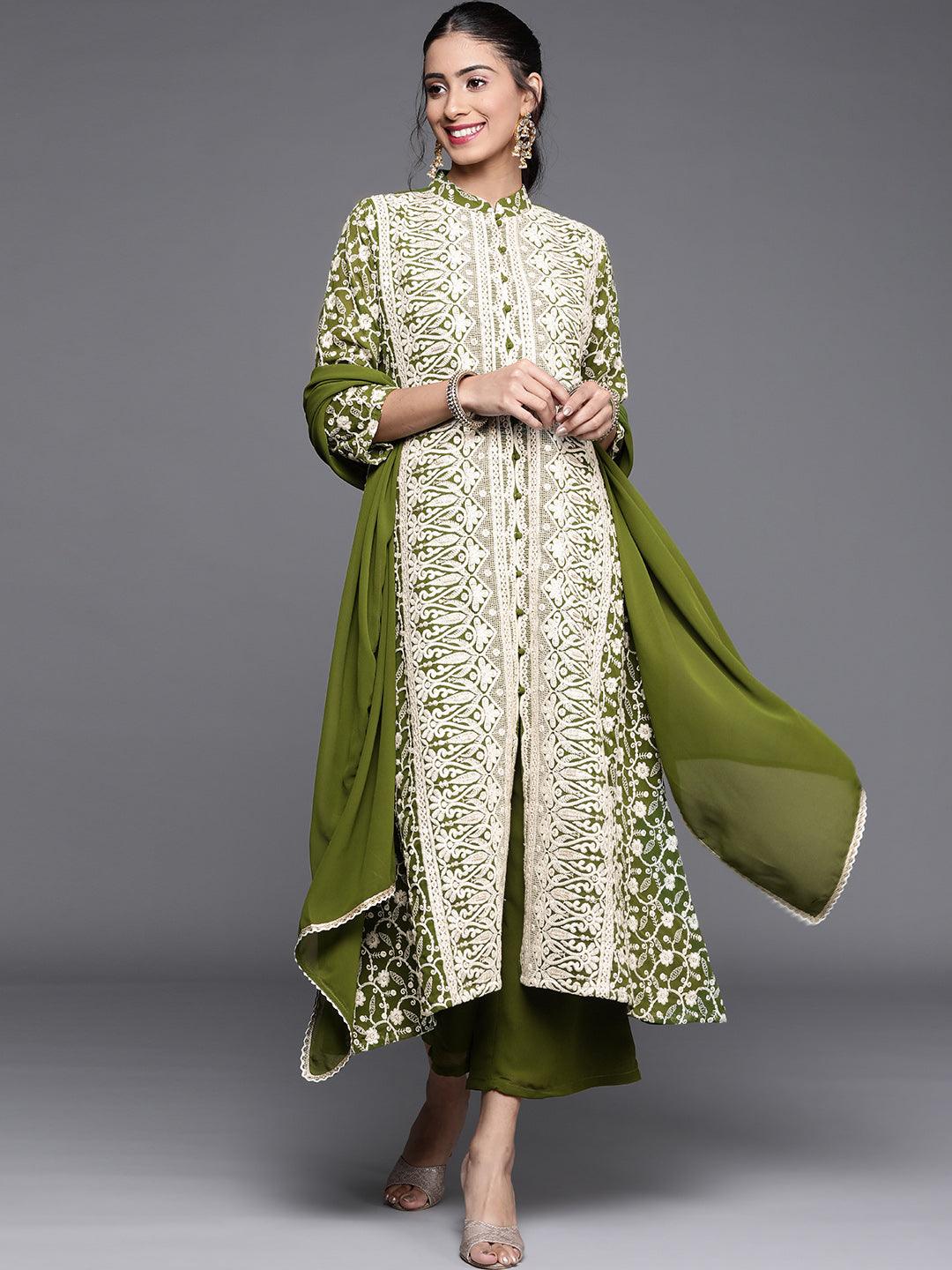 Green Embroidered Georgette A-Line Kurta With Palazzos & Dupatta