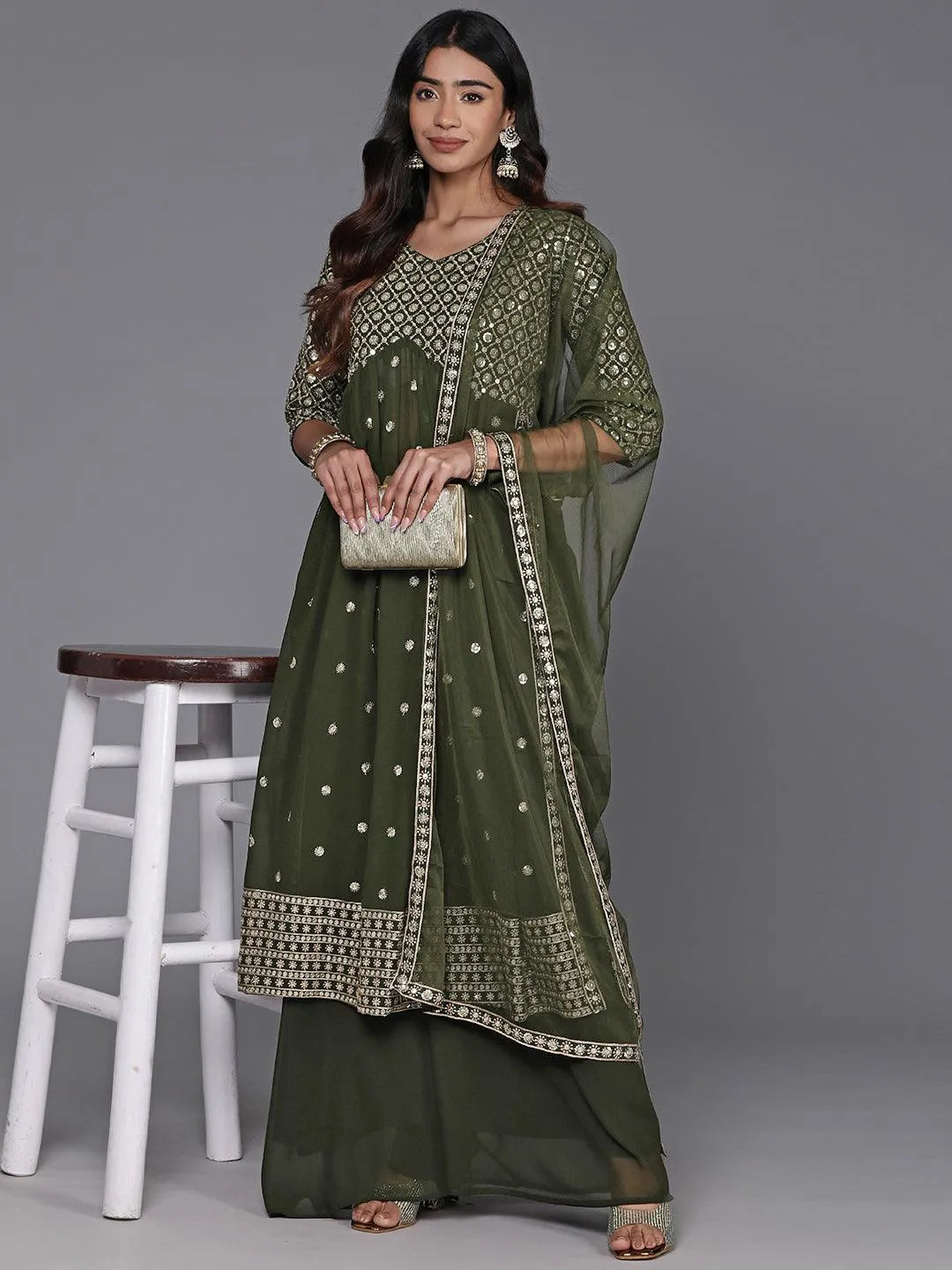 Green Embroidered Georgette A-Line Kurta With Palazzos & Dupatta - Libas