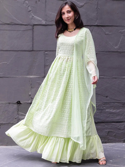 Green Embroidered Georgette A-Line Kurta With Palazzos & Dupatta - Libas