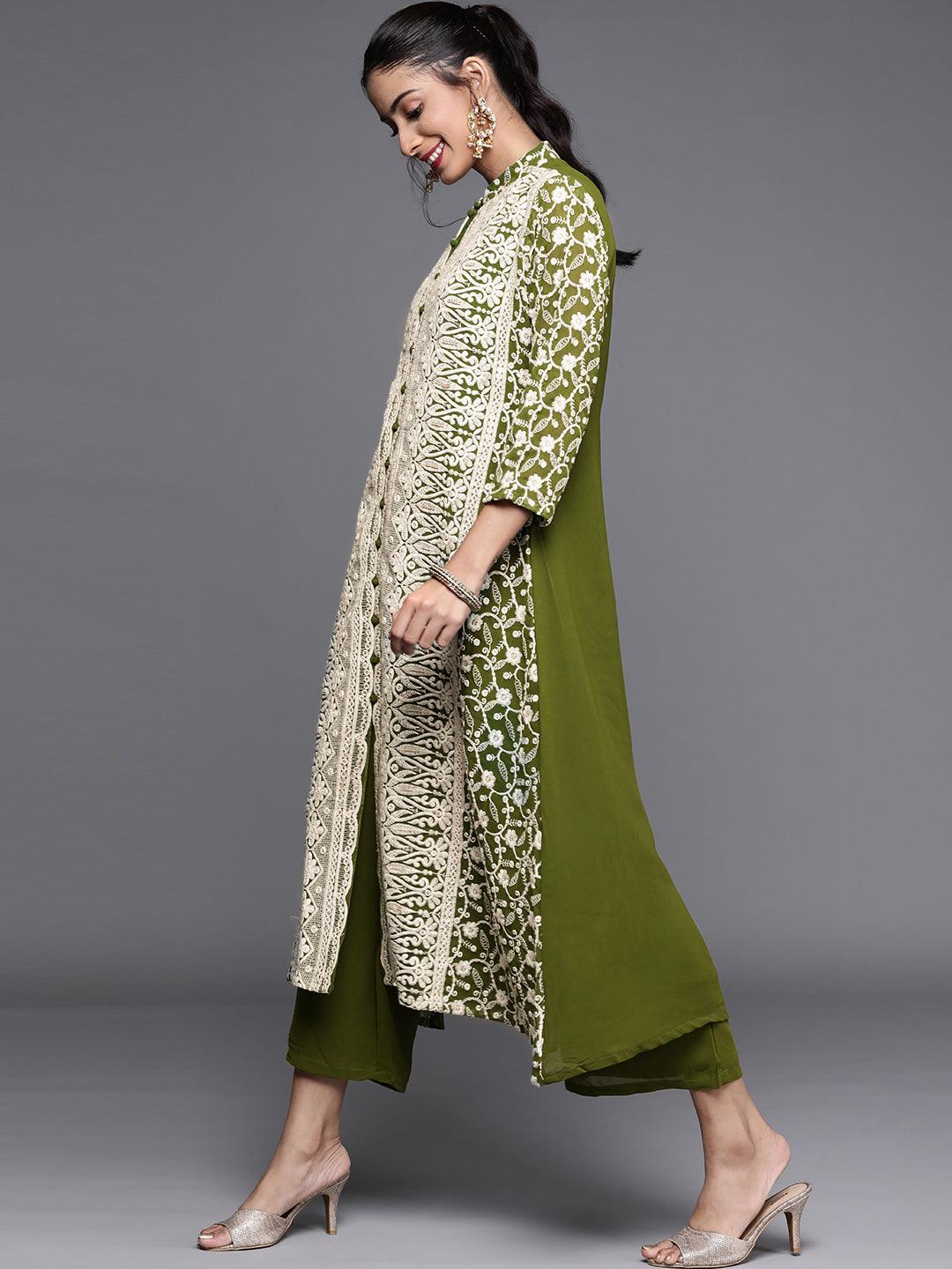Green Embroidered Georgette A-Line Kurta With Palazzos & Dupatta