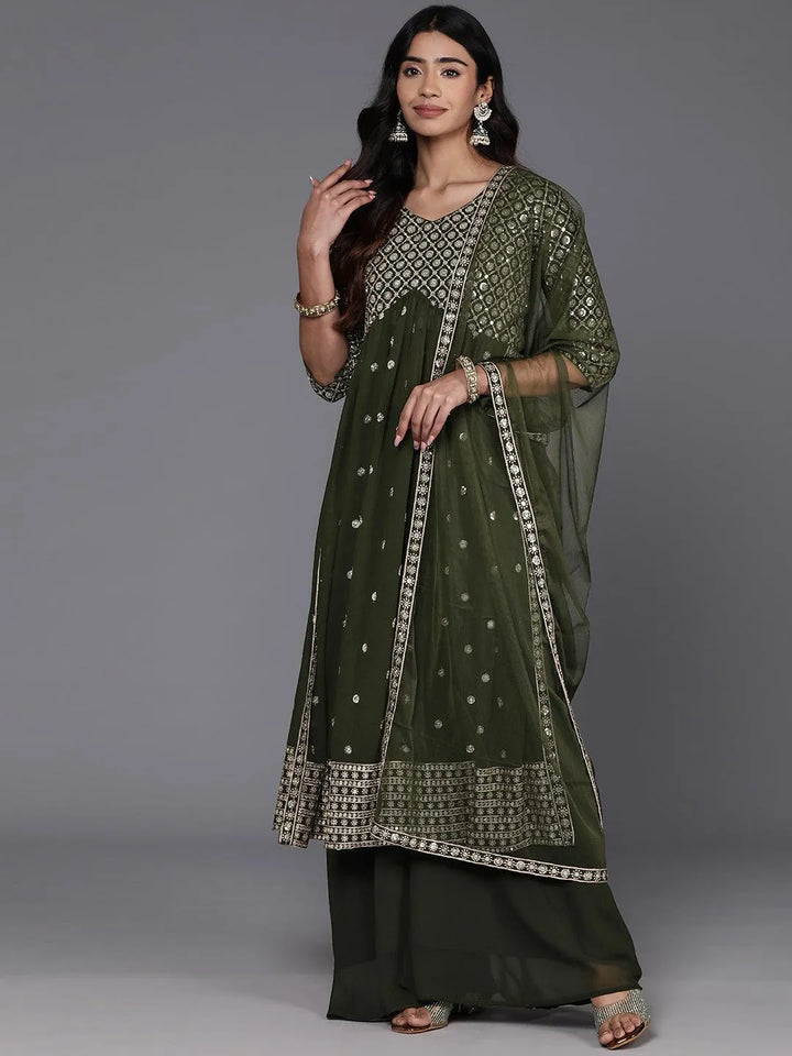 Green Embroidered Georgette A-Line Kurta With Palazzos & Dupatta - Libas