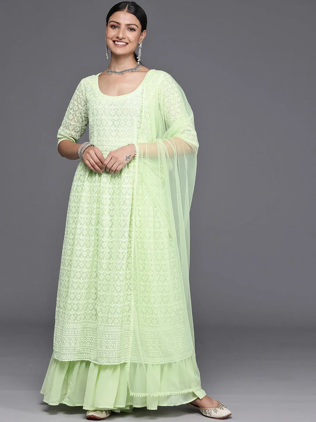 Green Embroidered Georgette A-Line Kurta With Palazzos & Dupatta - Libas