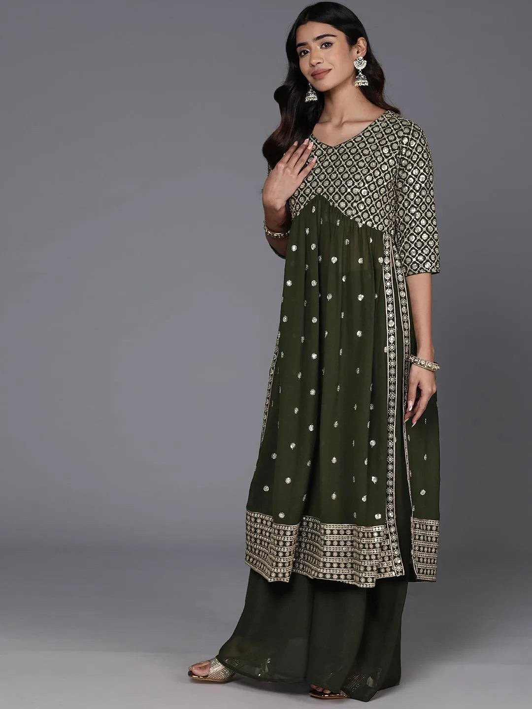 Green Embroidered Georgette A-Line Kurta With Palazzos & Dupatta - Libas 
