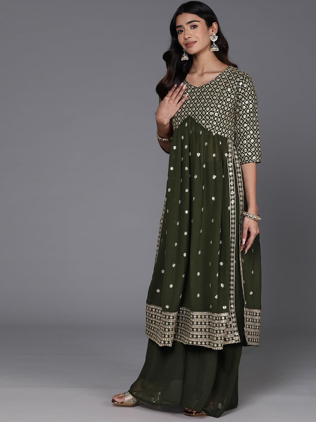 Green Embroidered Georgette A-Line Kurta With Palazzos & Dupatta - Libas
