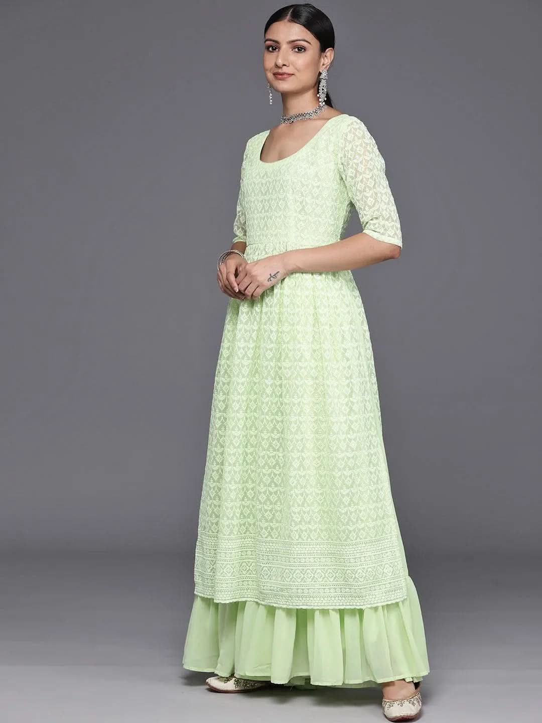 Green Embroidered Georgette A-Line Kurta With Palazzos & Dupatta - Libas 