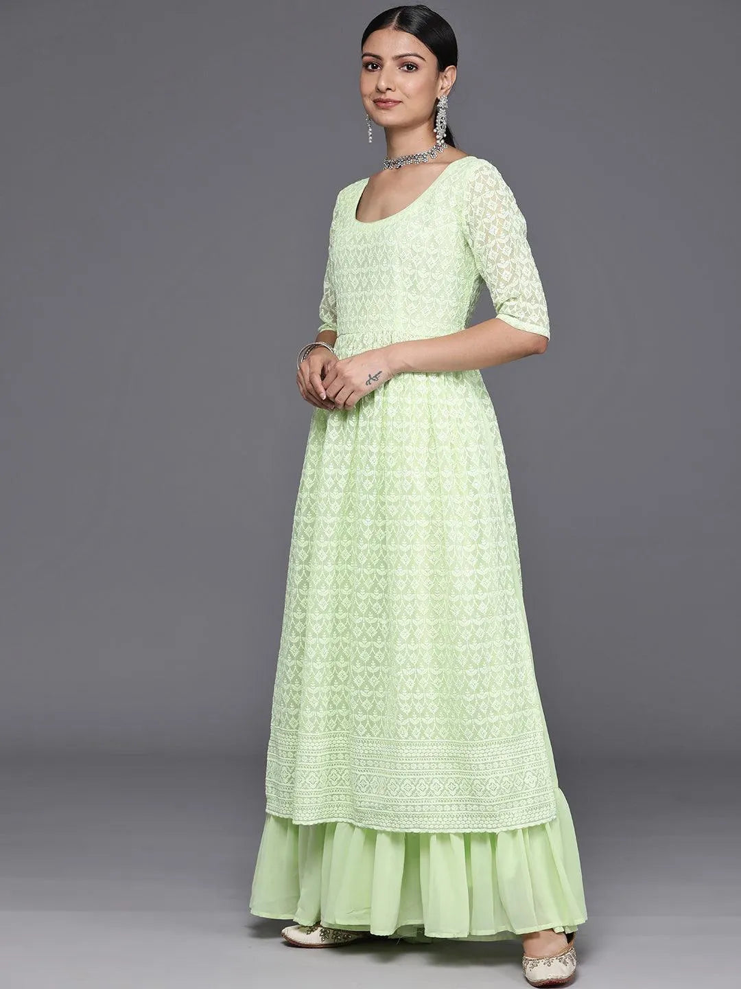 Green Embroidered Georgette A-Line Kurta With Palazzos & Dupatta - Libas