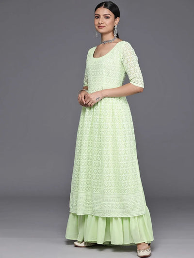 Green Embroidered Georgette A-Line Kurta With Palazzos & Dupatta - Libas