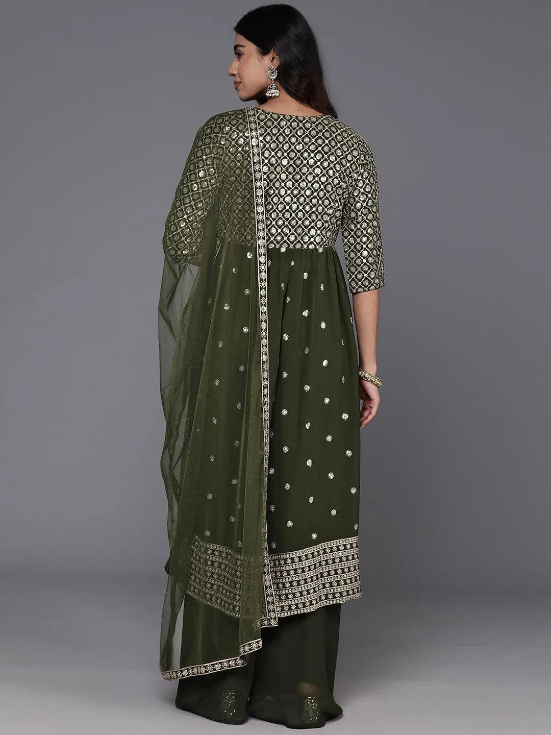 Green Embroidered Georgette A-Line Kurta With Palazzos & Dupatta - Libas 