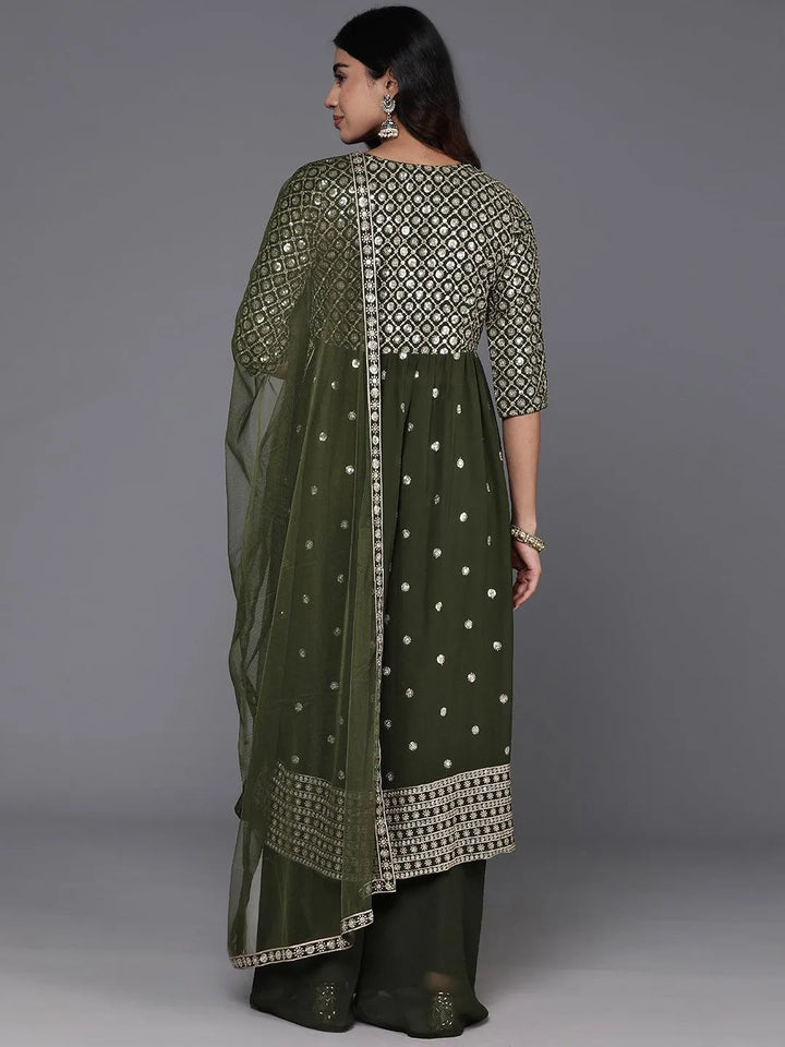 Green Embroidered Georgette A-Line Kurta With Palazzos & Dupatta - Libas