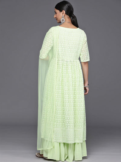Green Embroidered Georgette A-Line Kurta With Palazzos & Dupatta - Libas