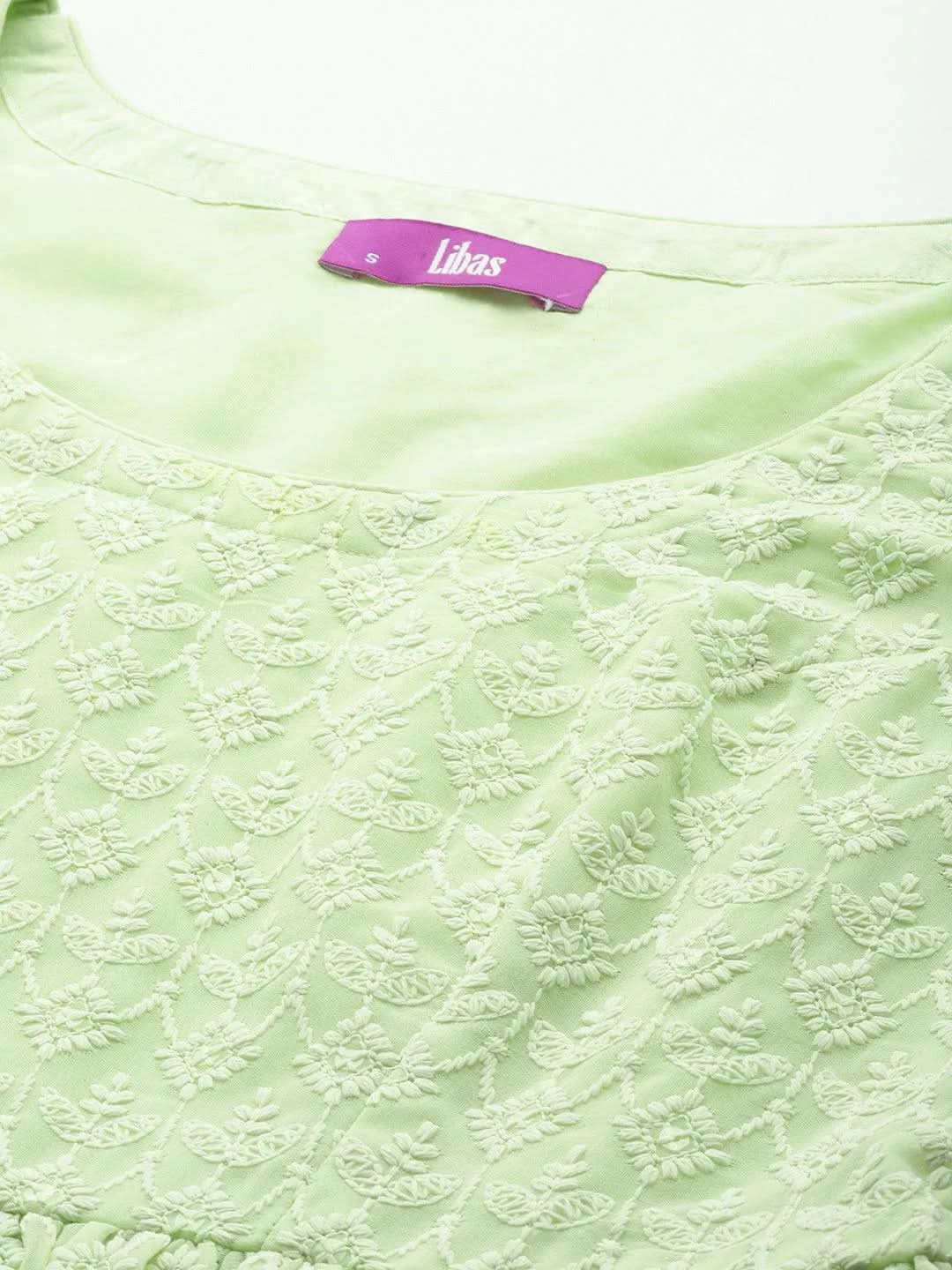 Green Embroidered Georgette A-Line Kurta With Palazzos & Dupatta - Libas 