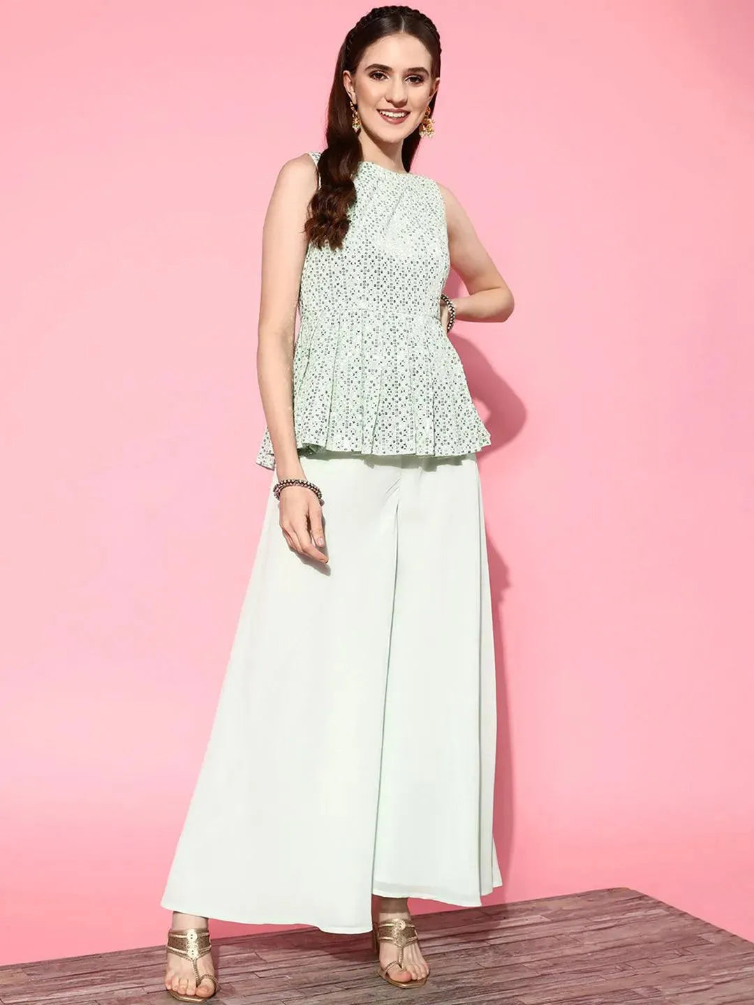 Green Embroidered Georgette A-Line Kurta Set With Potli - Libas 