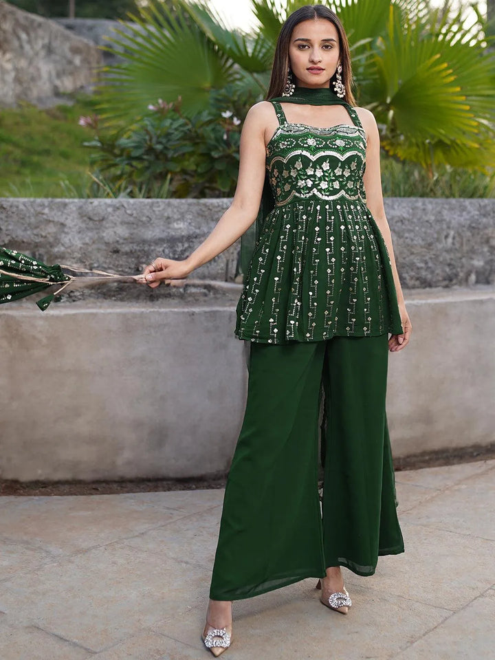 Green Embroidered Georgette A-Line Kurti With Palazzos & Dupatta - Libas