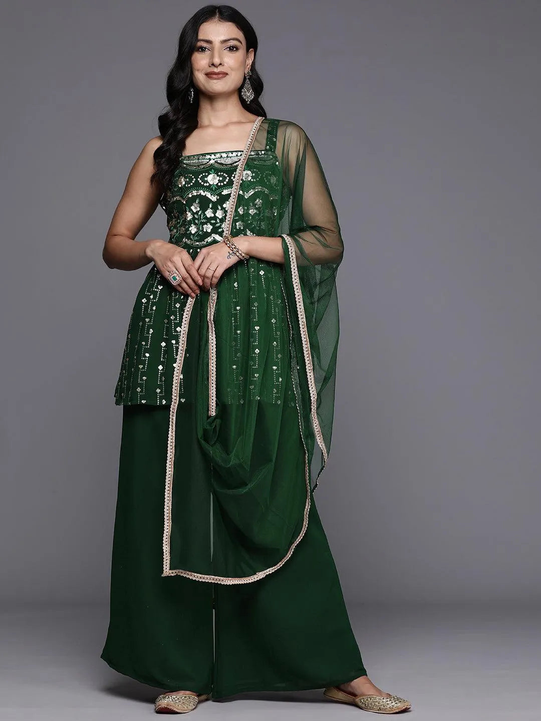 Green Embroidered Georgette A-Line Kurti With Palazzos & Dupatta - Libas 