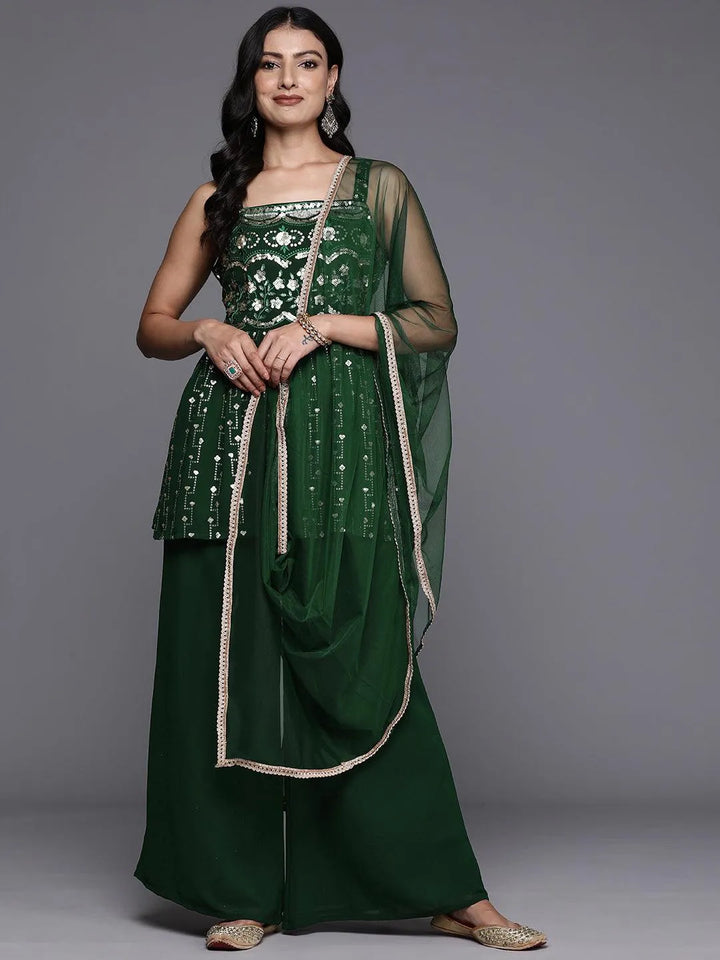 Green Embroidered Georgette A-Line Kurti With Palazzos & Dupatta - Libas