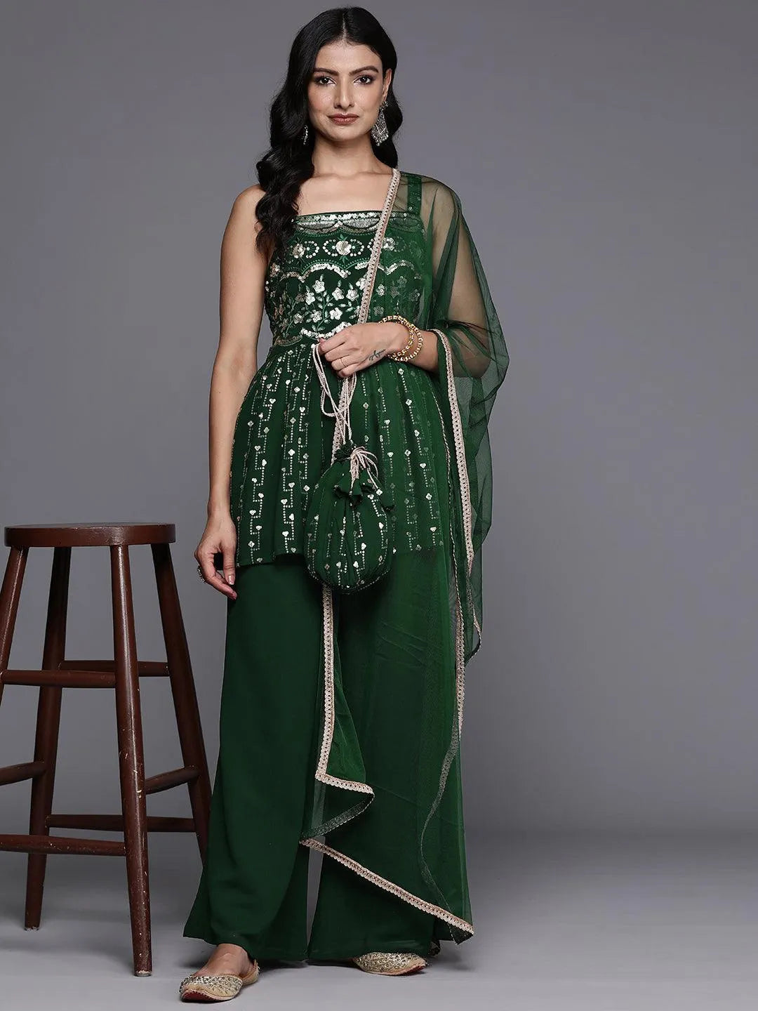 Green Embroidered Georgette A-Line Kurti With Palazzos & Dupatta - Libas