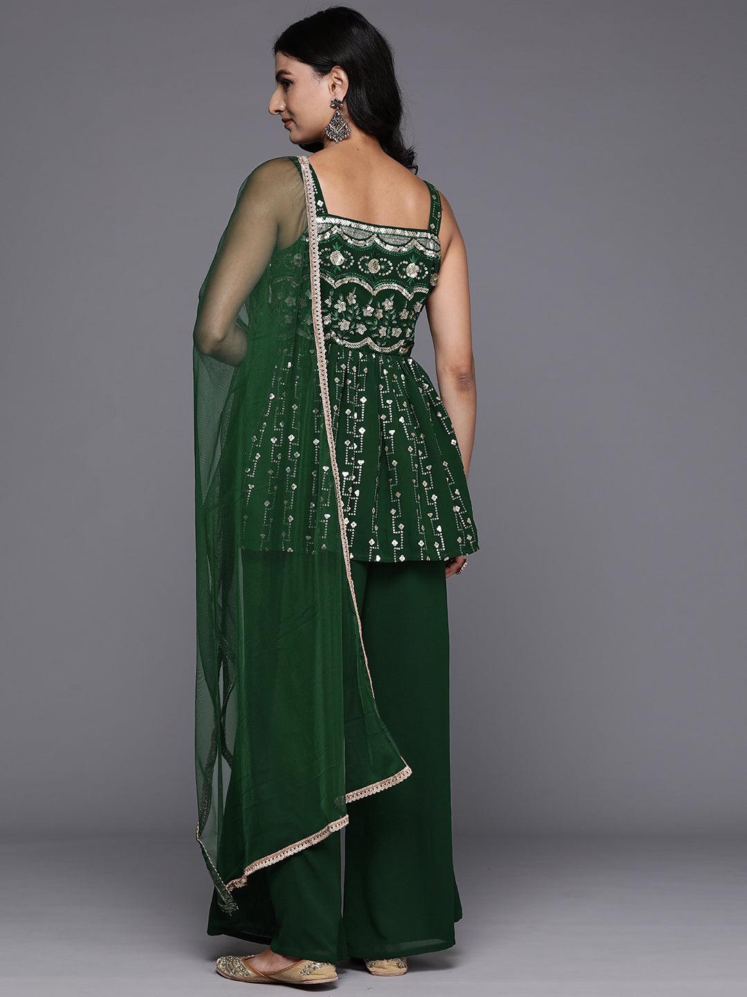 Green Embroidered Georgette A-Line Kurti With Palazzos & Dupatta