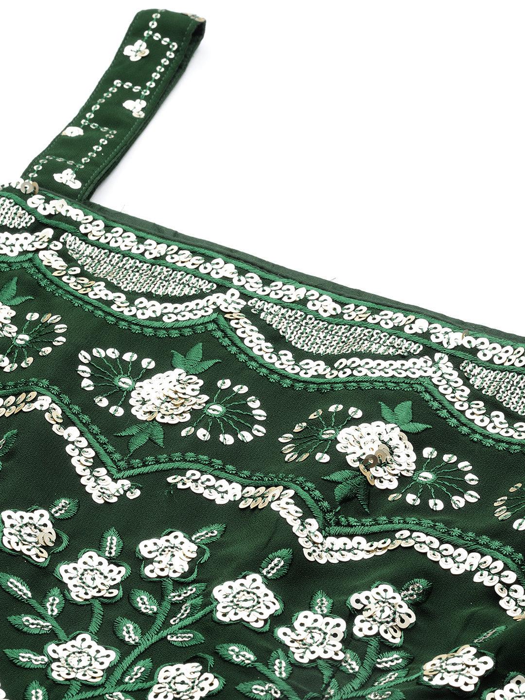 Green Embroidered Georgette A-Line Kurti With Palazzos & Dupatta - Libas