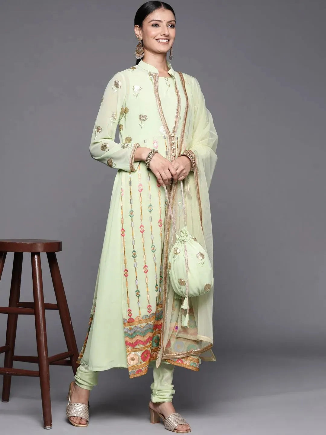 Green Embroidered Georgette Pakistani Style Suit Set - Libas