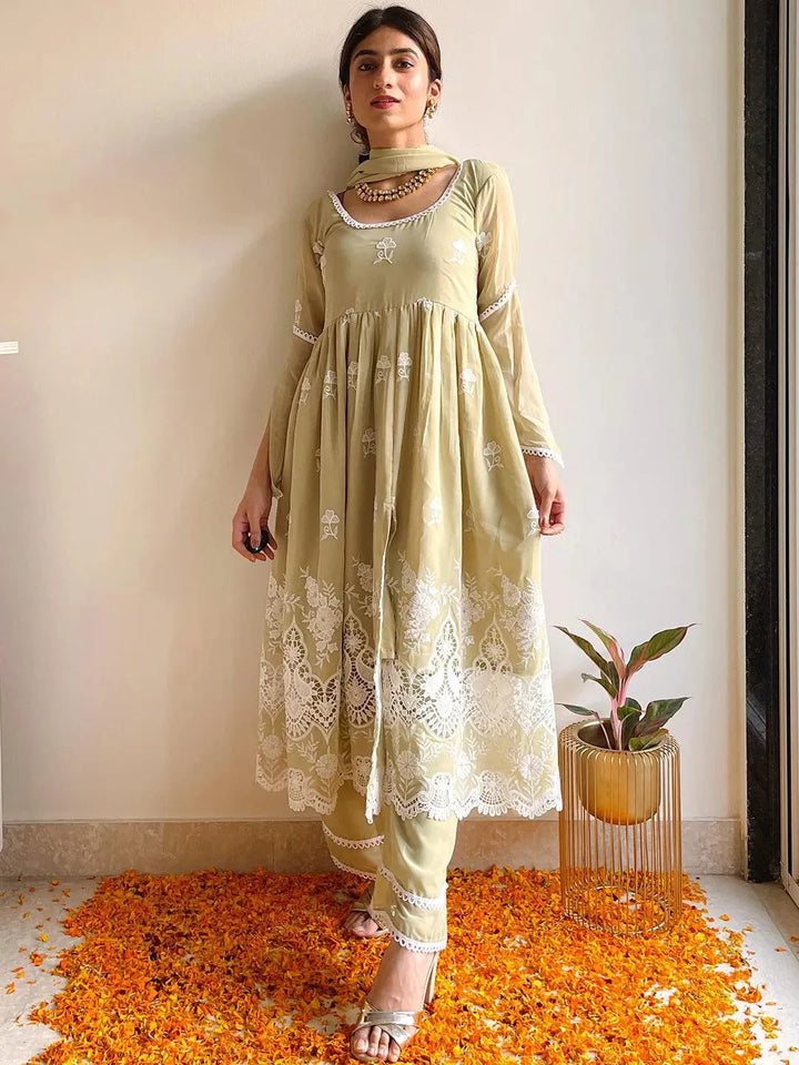 Green Embroidered Georgette Suit Set - Libas