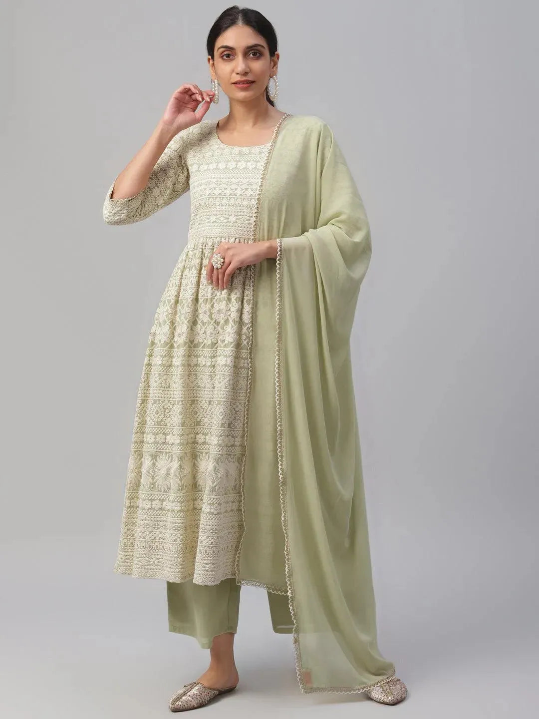 Green Embroidered Georgette Suit Set - Libas 