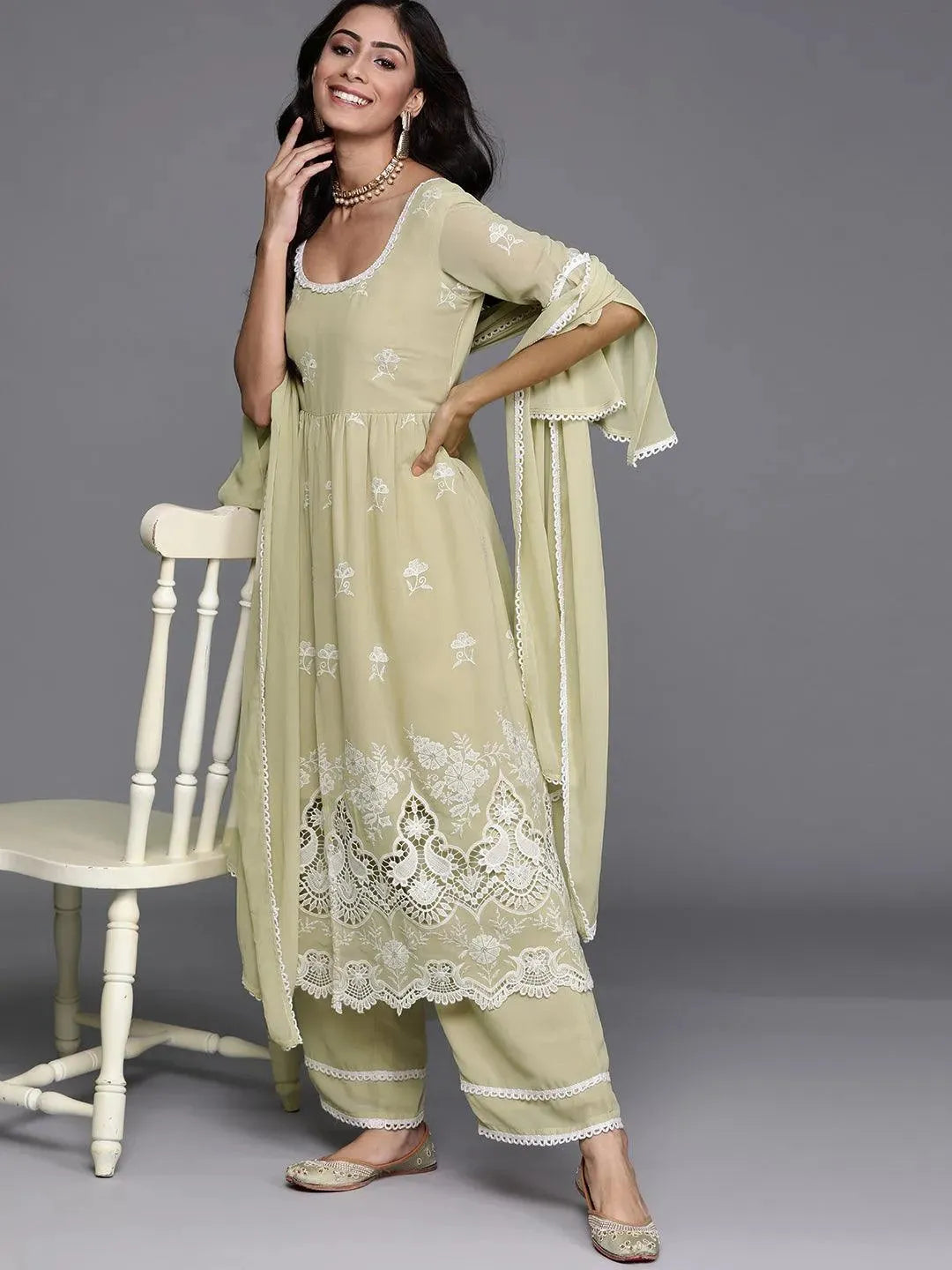 Green Embroidered Georgette Suit Set - Libas 