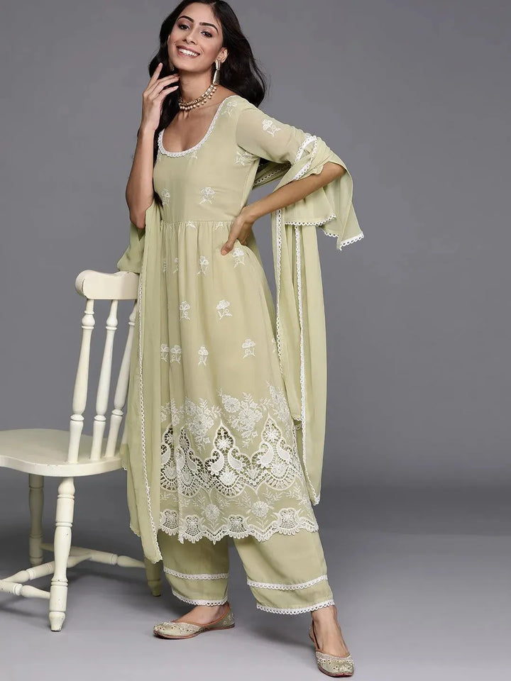 Green Embroidered Georgette Suit Set - Libas